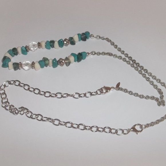Necklace Faux Gemstone Teal Green Cream and Silver Jewelry Beaded Necklace A377 - Picture 4 of 7